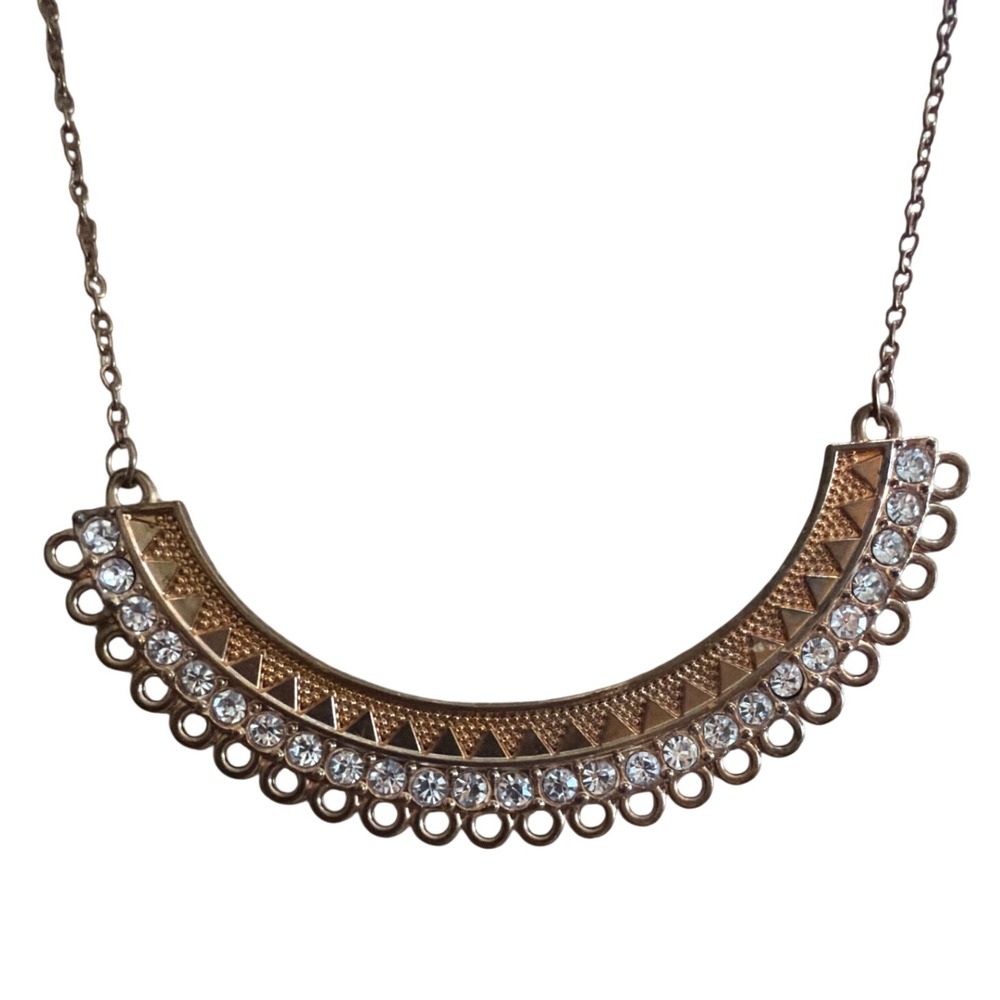 Gold Tone Crescent Bib Necklace Rhinestone Geometric Statement Jewelry